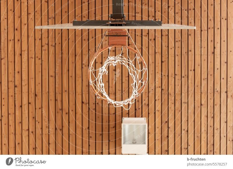 Basketball hoop from below in a gym gymnasium Basketball basket Playing Sports Ball sports Leisure and hobbies Net Throw Worm's-eye view Hall Wooden ceiling