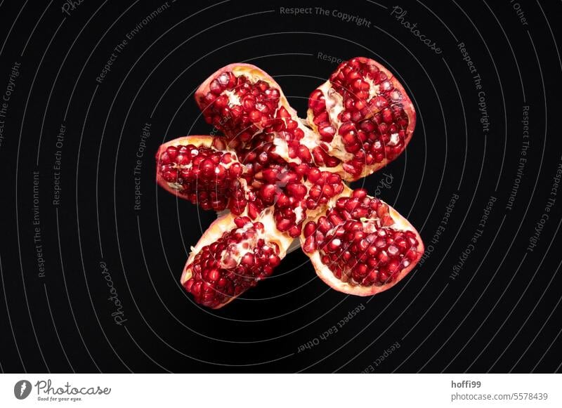 Pomegranate from the inside on closer inspection with red seeds against a black background pomegranate kernel Close-up exempt Colour photo Fresh Interior shot