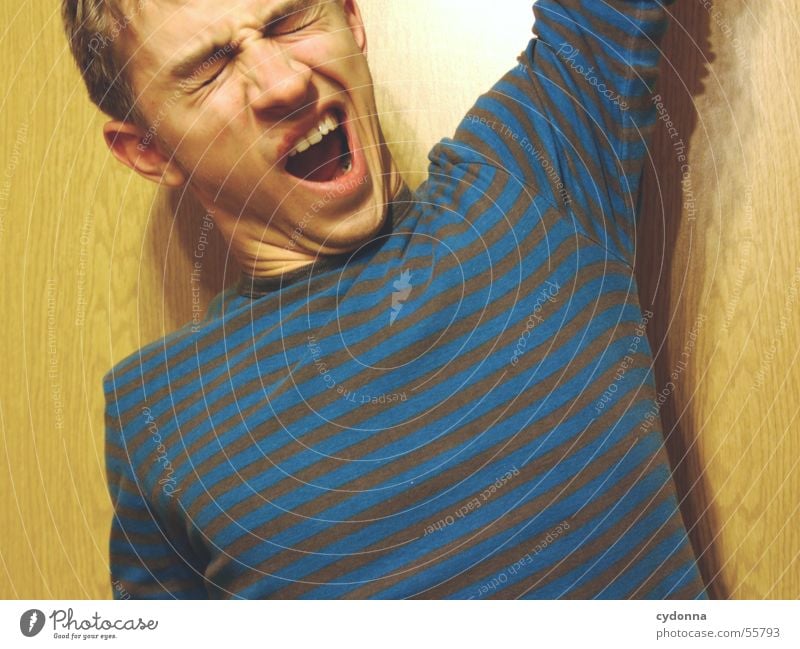 Human child X Man Portrait photograph Style Wall (building) Wood Hand Posture Sweater Striped Yawn Light Human being Wood grain Face Facial expression