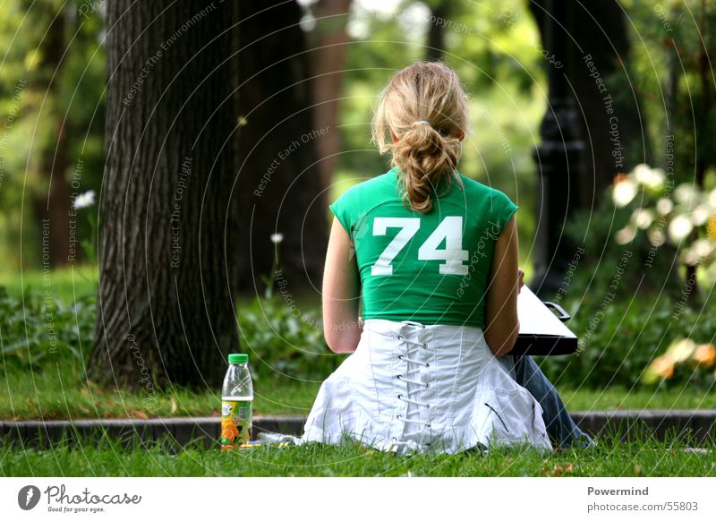 Young lady Woman Lady Blonde Green 74 Park Folder Tree Calm Jacket Loneliness Think Braids Relaxation Forest Corner White Beverage Hair and hairstyles Sit