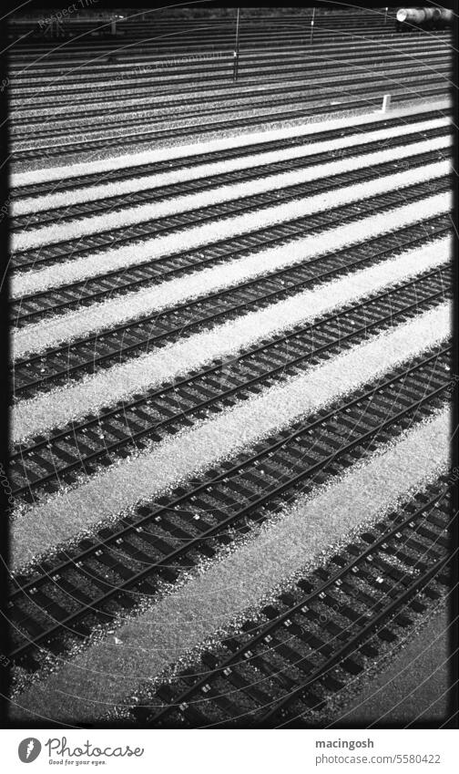 Railroad tracks at a marshalling yard Old Loneliness Black & white photo Shabby Sadness Transience Analog analogue photography Bavaria black-and-white