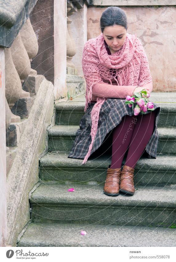 pink Human being Feminine Young woman Youth (Young adults) Woman Adults 1 Pink Stairs Old Baroque Stone steps Flower Bouquet Rose Romance Love Lovesickness