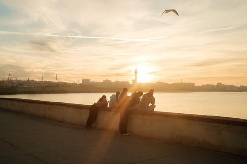 Group of young people on quay wall in front of city panorama at sunrise Town Sunrise in the morning early urban group Sunlight rays warm Dawn Ocean Bay Harbour