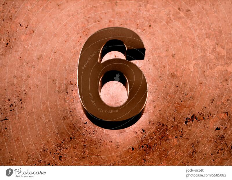 radiant 6 six number Digits and numbers Signs and labeling House number Typography Neutral Background backlit Metal Low-key Contrast Copy Space Characters