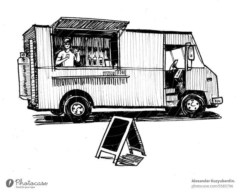 American food truck. Ink black and white drawing automobile background business cafe car catering classic coffee cream delivery design driving eat eatery