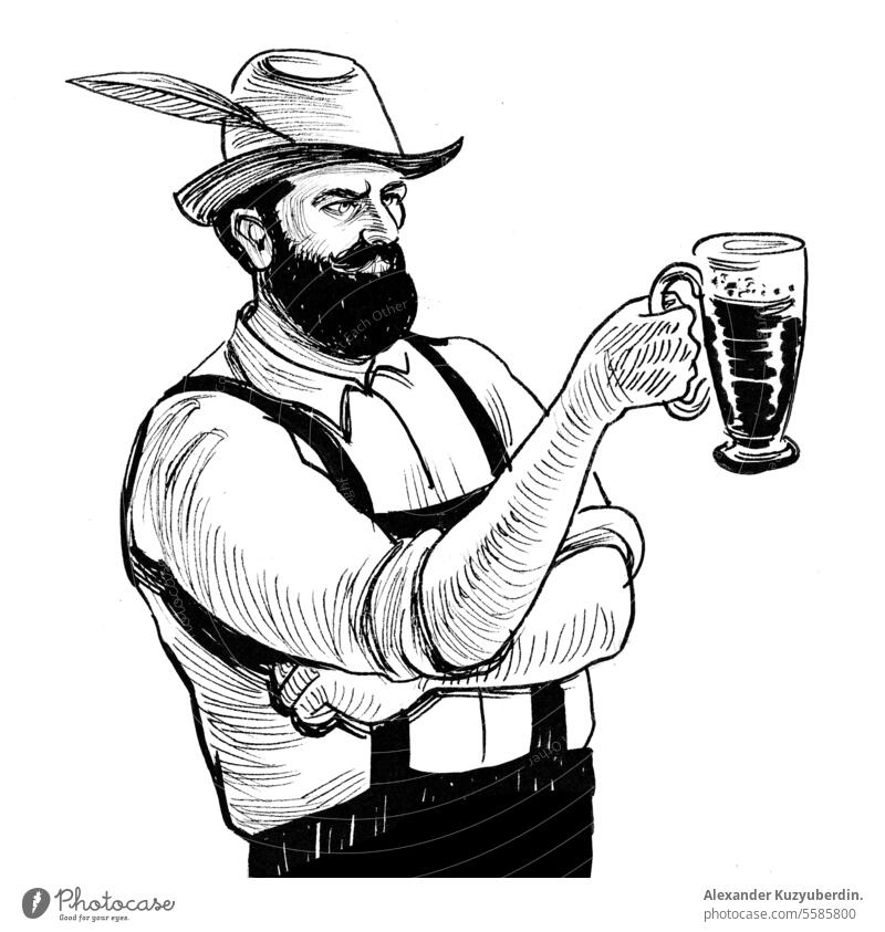 German man with a beer mug. Ink black and white drawing alcohol artwork background bar bavaria bavarian beer fest beer festival beverage brewery cartoon