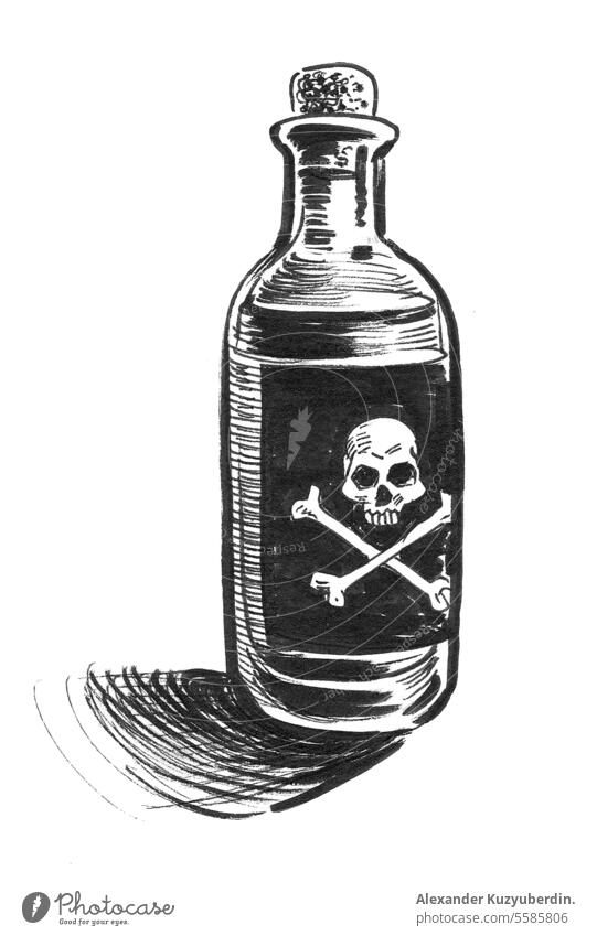 Bottle of poison. Ink black and white drawing art bottle cartoon dangerous deadly death illustration liquid skull