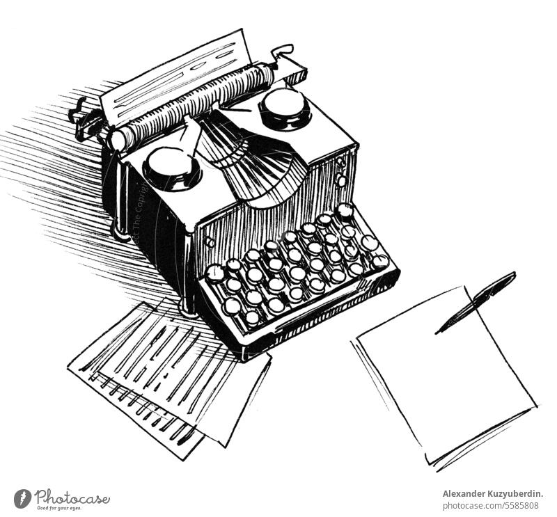 Retro styled typewriter. Ink black and white drawing antique author business document editor equipment journalism keyboard letter machine mechanical message