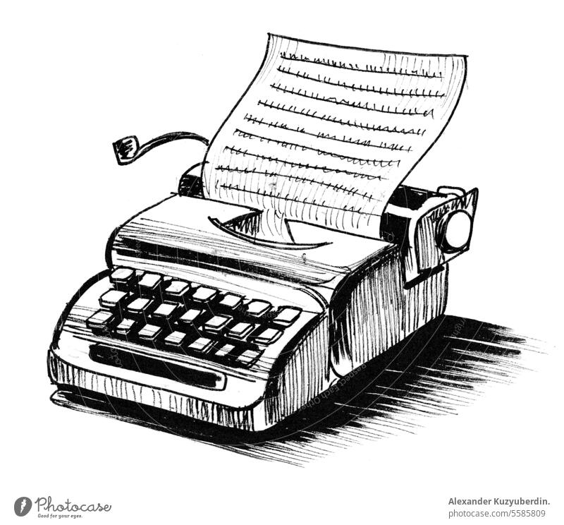 Retro typewriter. Ink black and white drawing antique art author drawn editor element equipment hand illustration ink isolated journalist key keyboard letter