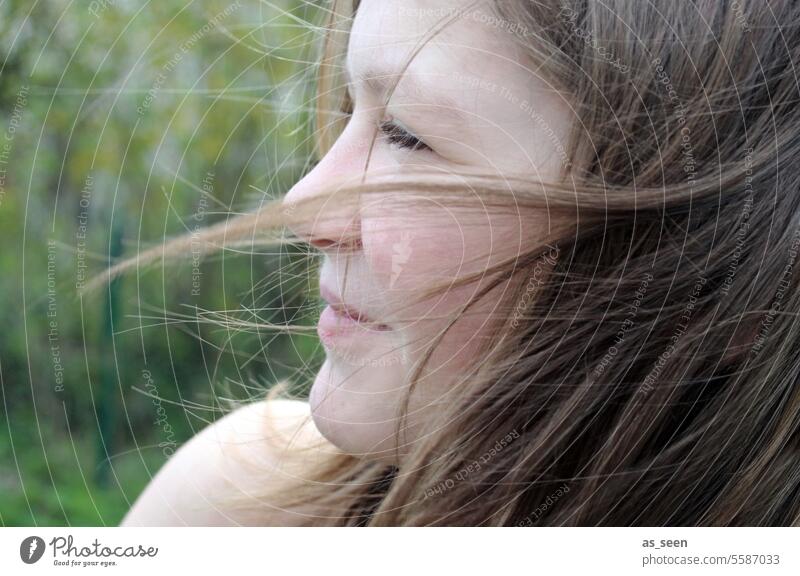 Girl with hair in the wind Spring Wind Smiling portrait Happy pretty Exterior shot Human being Youth (Young adults) Summer Nature naturally Happiness romantic