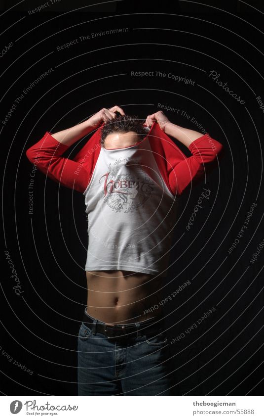 mike 2 Extract Sweater Head Stomach Young man Interior shot Studio shot Isolated Image Dark background Navel Showing one's bellybutton Thin Naked flesh