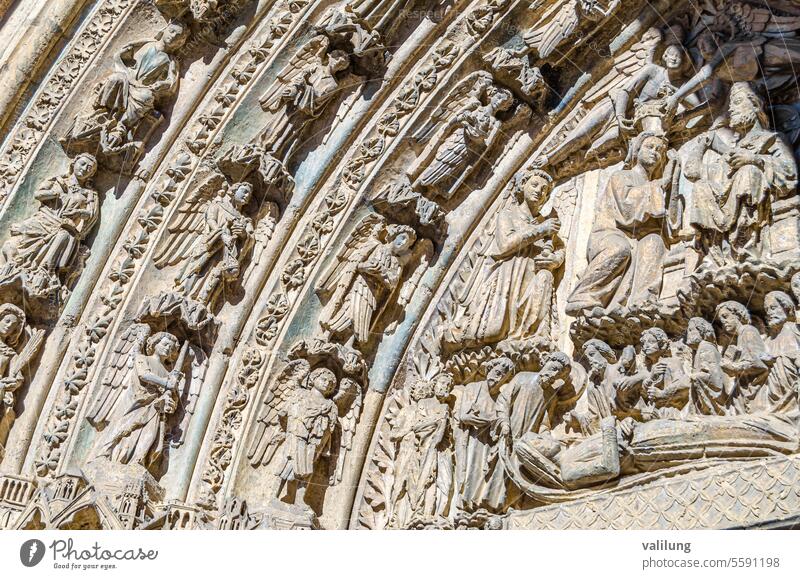 Architecture detail of the main entrance to the cathedral of Leon, Spain Castile and Leon Castilla y Leon Catholic Europe European Gothic Gothic cathedral