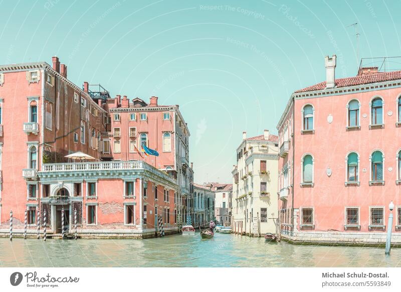 Pale red palazzi on the Grand Canal in Venice pastel Colour variegated houses Water Harbour Lagoon Twilight Evening gondola sunset Sunset colour couloured