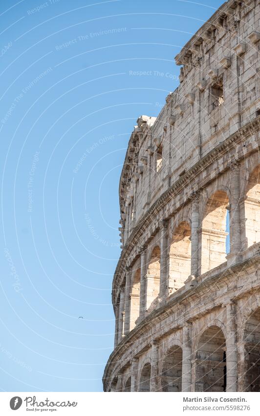 Exterior Panorama of the Roman Colosseum on a sunny day in Rome, Italy amphitheater ancient arc archaeology archeology architecture arena building city coliseum