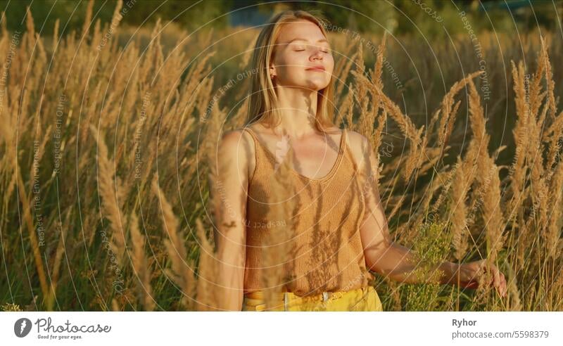 Portrait Of Young Pretty Caucasian Happy Girl Woman At Summer Cornfield.  Healthy Lifestyle Concept. Unity With Nature. Calmness And Tranquility.  Yoga Concept Lifestyle. Mental Health Conception - a Royalty Free Stock  Photo