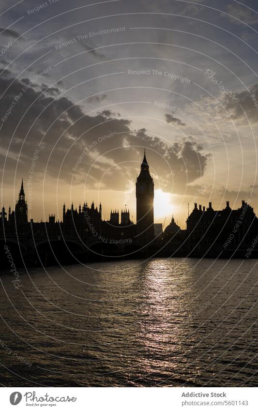Silhouette of Big Ben and Westminster at Sunset london sunset silhouette big ben parliament thames river reflection sky dramatic iconic landmark england uk
