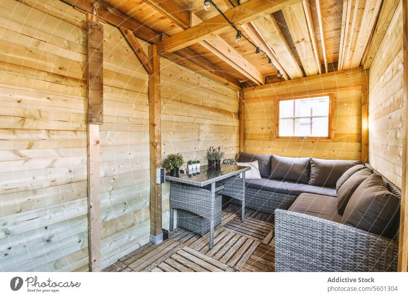 Wooden cabin with gray couch and coffee table wooden living room houseplant window loft interior sofa pillow home comfortable wall cottage clean domestic rural