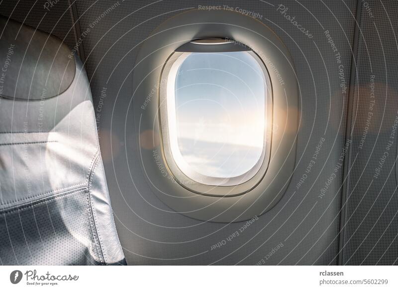 Empty seat on airplane during beautiful sunset. travel and airline business concept image passenger sunrise trip aircraft cloud morning sunlight expectation