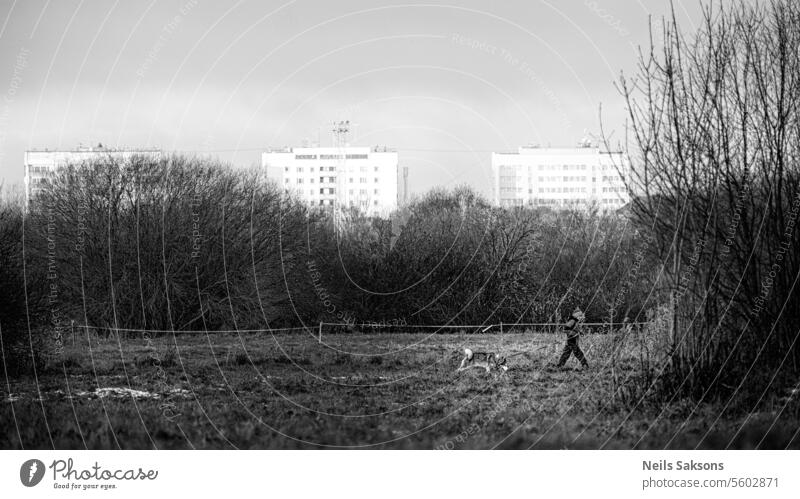 three buildings and a meadow with woman and dog. walk human bush town city outskirts suburb field fence three houses House (Residential Structure) Latvia