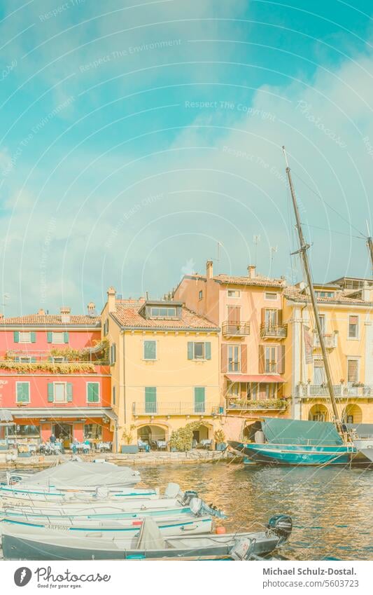 picturesque harbor of Malcesine Lago Garda Lake Italy Lombardy Water Harbour seascape port lake view pastel harbor port portmediteran Sailboat boats