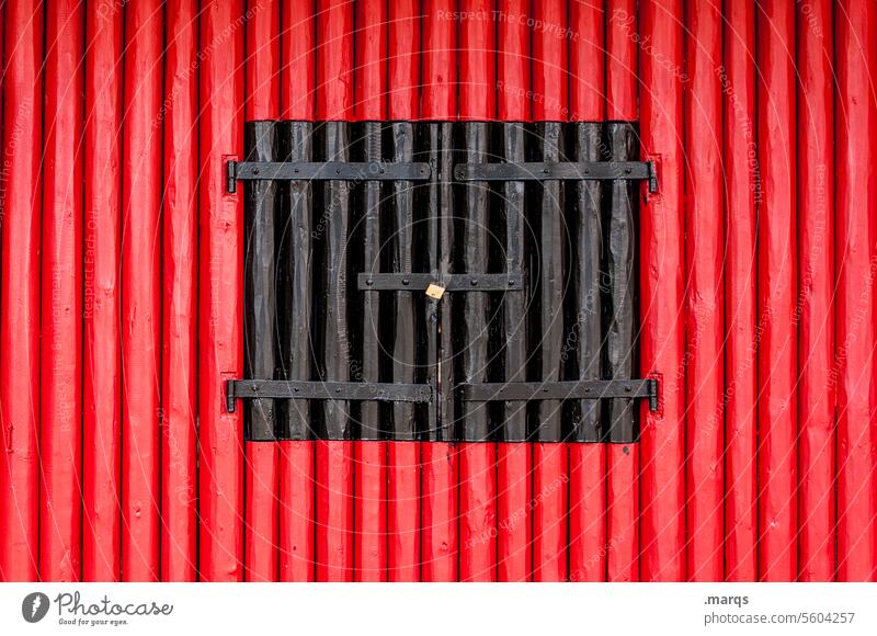 little door lines Structures and shapes Window Wood Closed Shutter Wooden facade Red Black completed Wooden wall Hut mystery Mysterious