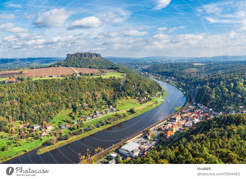 View over the Elbe to Saxon Switzerland Elbsandstone mountains River Liliesstein Rock Königsstein Town House (Residential Structure) Building Architecture Tree