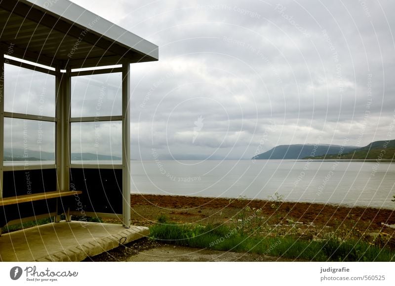 Norway Environment Nature Landscape Water Sky Clouds Climate Coast Fjord Ocean Bus stop Means of transport Public transit Bus travel Exceptional Dark Cold Moody