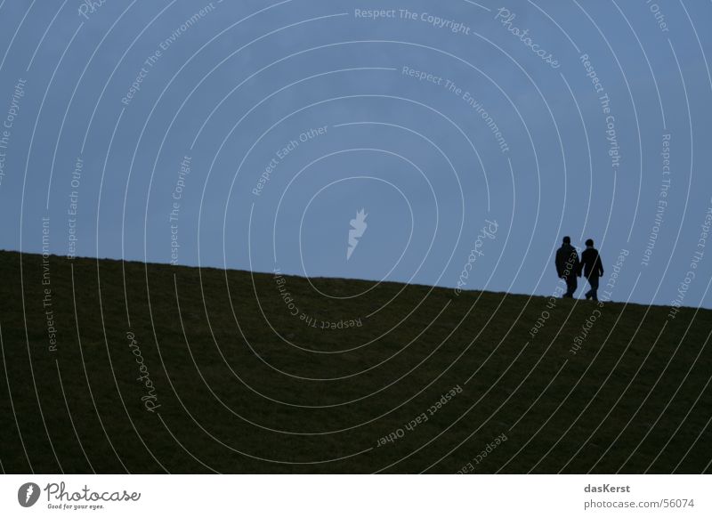 twosome Together Dike Ocean Downward Coast Man Woman Harmonious Silhouette North Sea Couple Wind In pairs Lovers