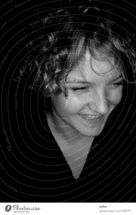 Laugh a minute Hair and hairstyles Face Nose Curl Laughter Gray Black & white photo Portrait photograph Young woman Happy Contentment Smiling 1 Head