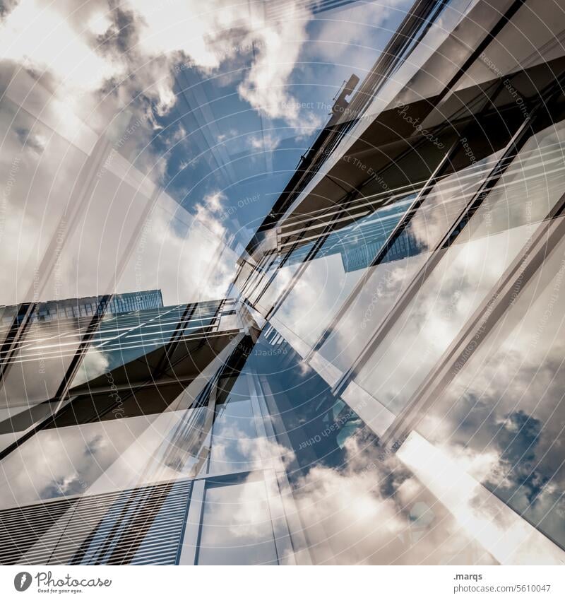 Mirrored Beautiful weather Sky Clouds Real estate market Modern architecture Building Tall High-rise Window Skyward Architecture Facade Perspective Future