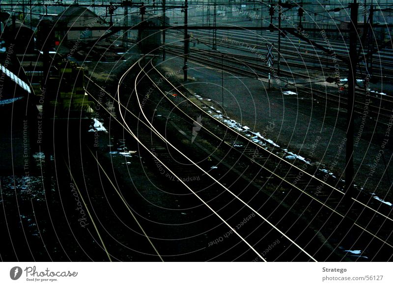 empty rails Railroad tracks Long Speed Carriage Engines Station Transmission lines Wire Fence Electricity Transport Line Curve Smoothness ov Train station quay