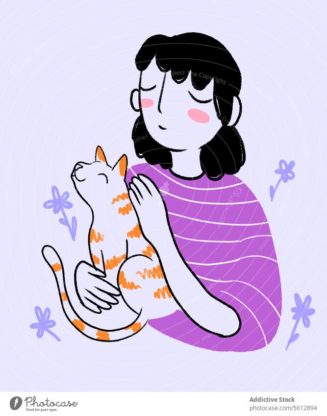 Woman singing and stroking pet cat over purple background illustration woman eyes closed lifestyle leisure love domestic bonding together joyful care