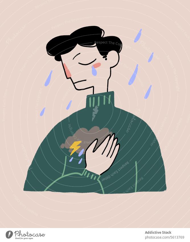 Cartoon man crying and touching chest cartoon illustration sorrow touch chest despair rain sad depress male young wavy hair curly hair black hair sweater