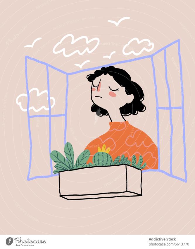 Cartoon woman breathing fresh air through open window cartoon illustration breathe window box potted plant female young wavy hair curly hair black hair sweater