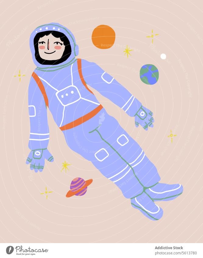 Happy cartoon female cosmonaut in space woman illustration astronaut galaxy cosmos planet star mission smile happy young wavy hair curly hair black hair