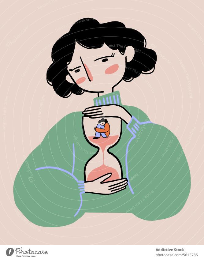 Cartoon woman holding sandglass with herself inside cartoon illustration hourglass pressure time problem stress count down deadline female young wavy hair