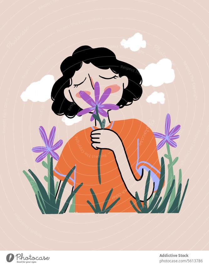 Cartoon woman smelling wildflower in nature cartoon illustration sensual aroma countryside cloud female young curly hair black hair t shirt haircut romantic