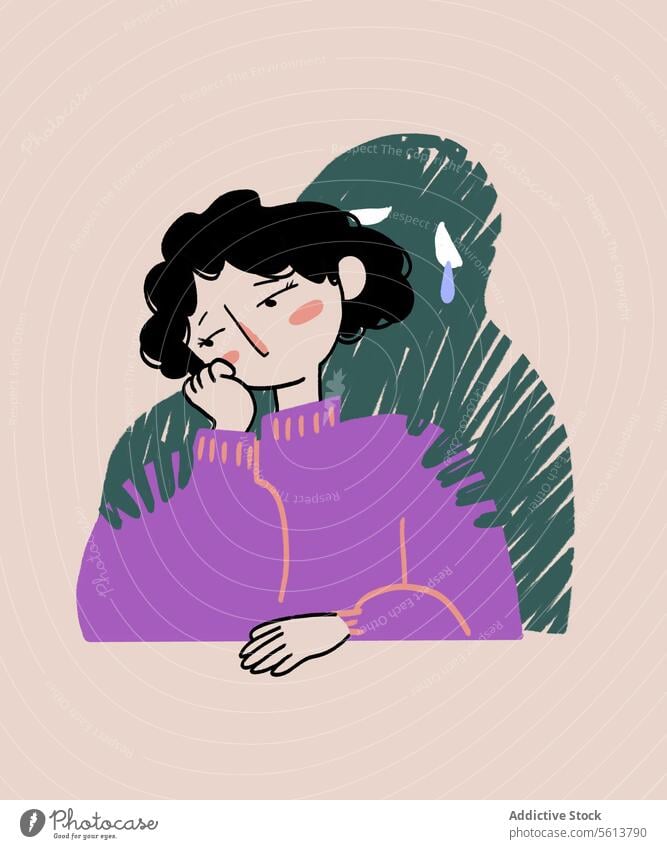 Lonely cartoon woman in sweater expressing sadness illustration sorrow invisible creature hug cry unhappy female young wavy hair curly hair black hair upset
