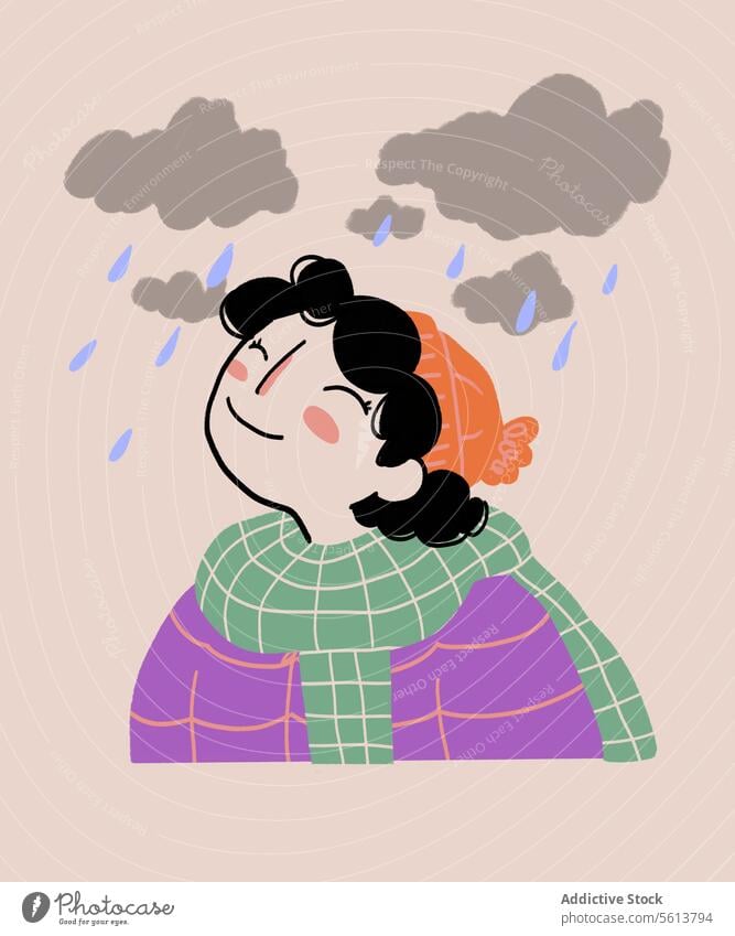Cartoon female optimist smiling under rain woman cartoon illustration overcast warm clothes weather personality mood smile happy young wavy hair curly hair