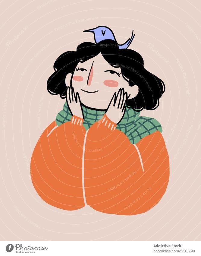 Cartoon woman with bird on head cartoon illustration touch face ornithology personality appearance warm clothes checkered smile happy female young curly hair