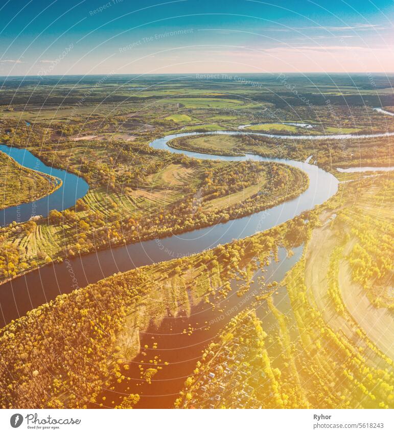 Village Near River, Aerial View Green Forest Woods And River Landscape In Sunny Spring Summer Day. Top View Of Nature, Bird's Eye View. Trees Standing In Water During Spring Flood floodwaters. woods in Water deluge During A Spring Flood. Beautiful sprin...