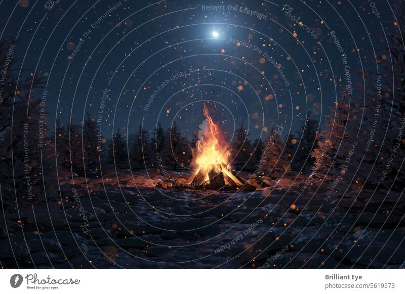 Large campfire with sparks and lots of particles in front of snow-covered pines and a moonlit sky. 3D rendering Abstract Adventure pretty blazing Blue Bonfire