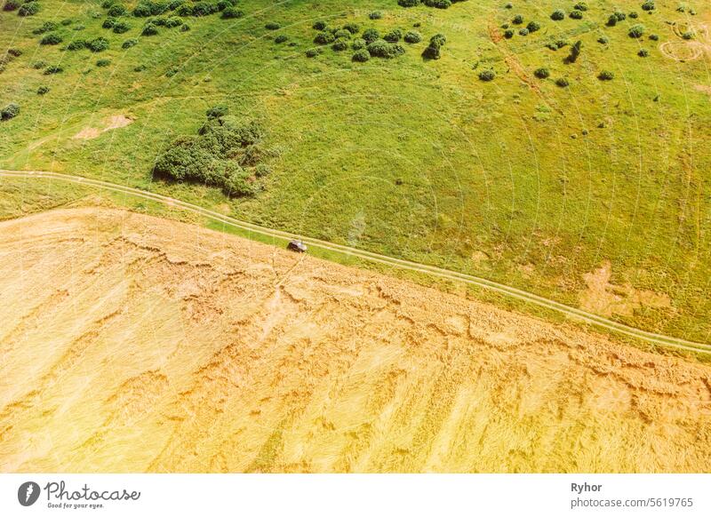 Aerial View Of Car SUV Parked Near Countryside Road In Summer Field Rural Landscape. Yellow Wheat Field In Summer Season aerial aerial view agricultural auto
