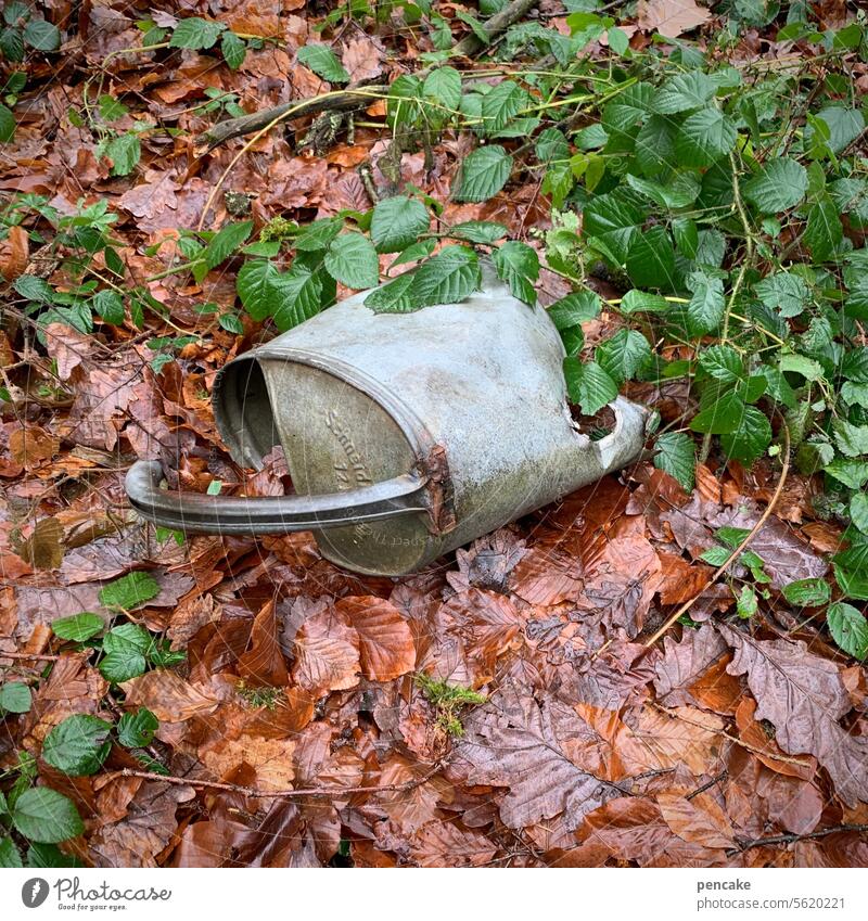 !trash! 2023 | full can! Watering can Ground Lie Broken Throw away Trash Metal Hollow corrupted Defective Forest Environment Scrap metal waste Waste management