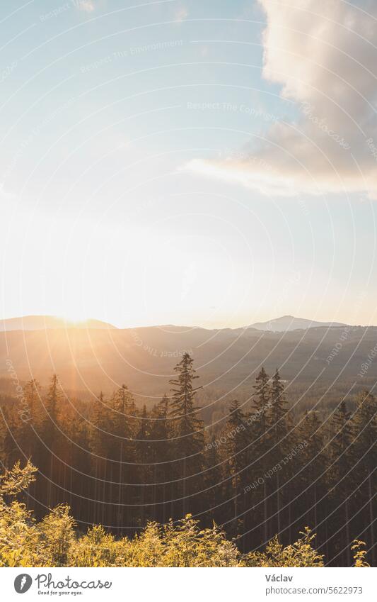 Sunset on the border of Slovakia and Czech Republic overlooking Lysa Hora in Beskydy mountains, Czech Republic sunset beskid mountains outside colourful