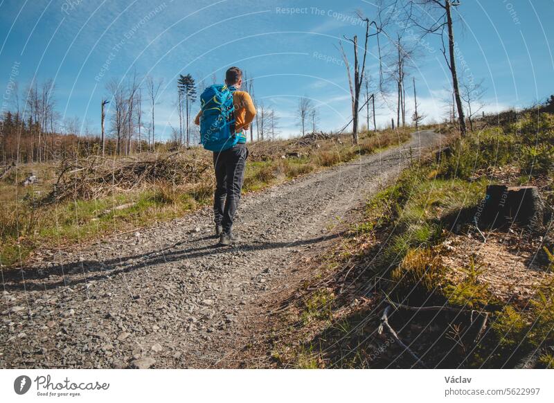 Adventurer and traveller with a blue backpack walking in Beskydy mountains, Czech Republic. Hiking trail. Enjoying the success of magical nature backpacker