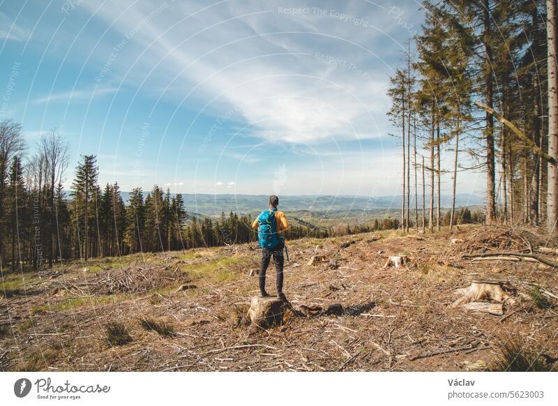 Adventurer and traveller with blue backpack standing on a stump in Beskydy mountains, Czech Republic. Hiking trail backpacker shirt trekking freedom packing