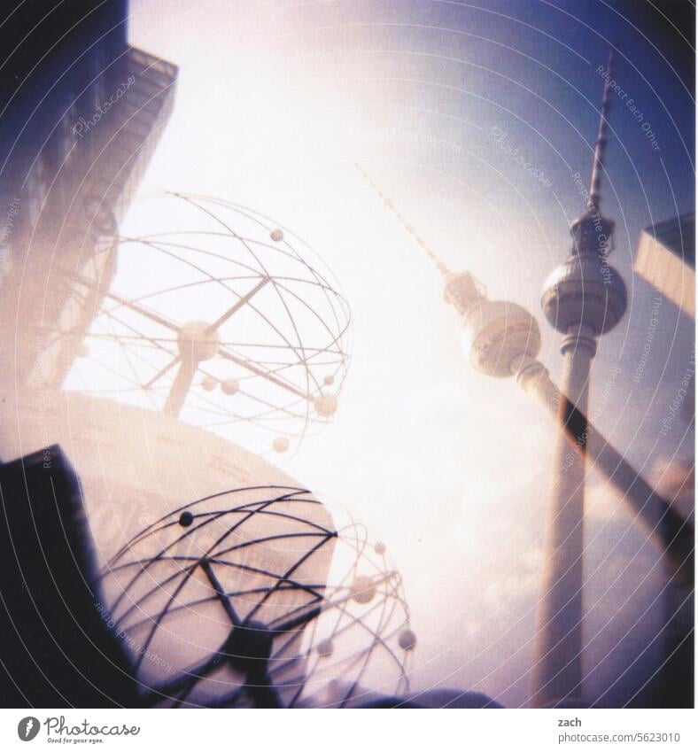 double universal time Holga Lomography Double exposure Analog Scan Slide Town Cross processing Tower Berlin Television tower Berlin TV Tower Alexanderplatz