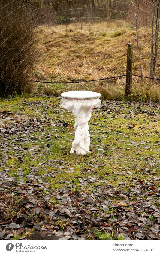 Caryatid in an autumnal garden Statue wearing rain shelter Winter festival White Bad weather Ancient imitation Figure Sculpture Renaissance Art