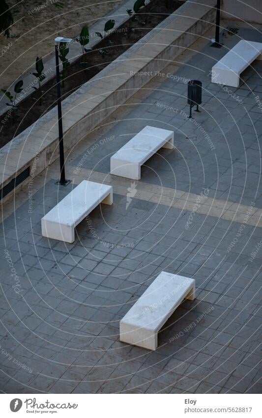 square with benches, aerial shot of a small square with white benches, geometry Bench Exterior shot Deserted Calm Day Break Vacation & Travel Relaxation